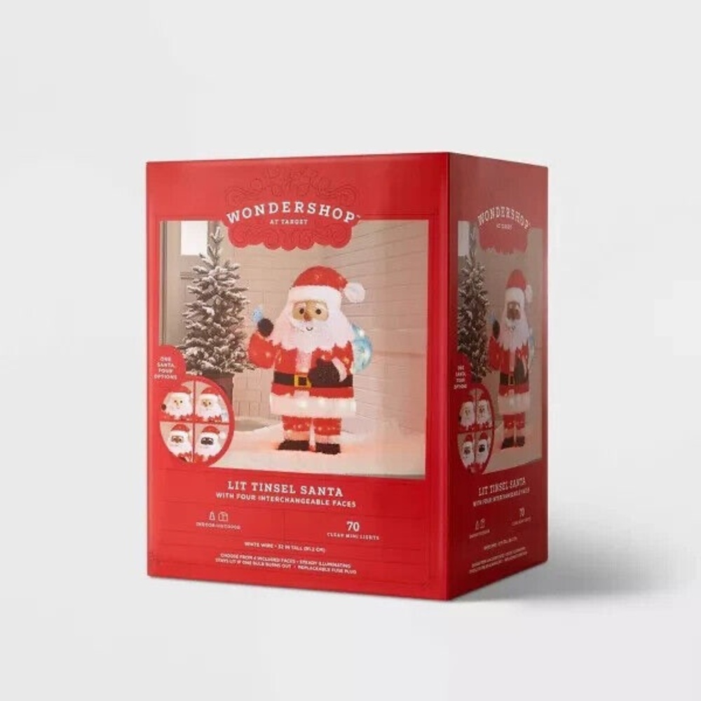 32" Tinsel Santa Christmas Novelty Sculpture Light with 4 Interchangeable Faces